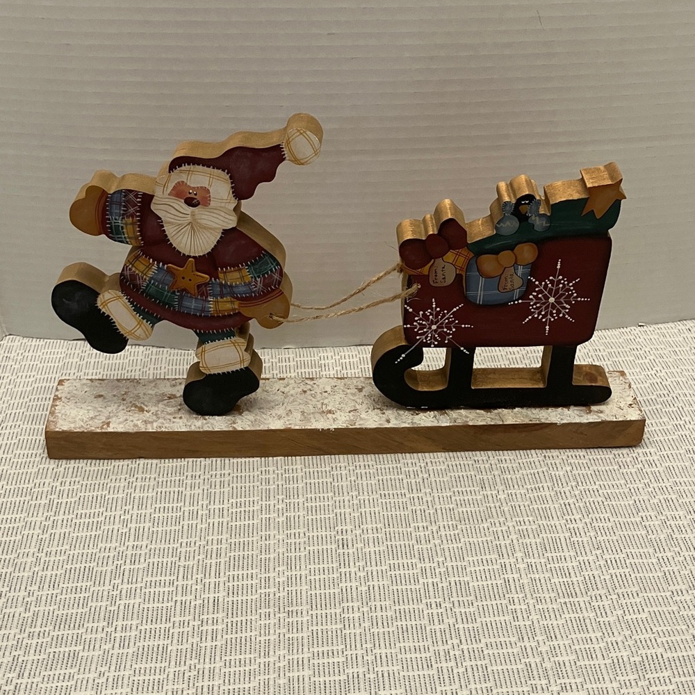 Festive Wooden Santa with Gift Sleigh - Red and Black Home Accent